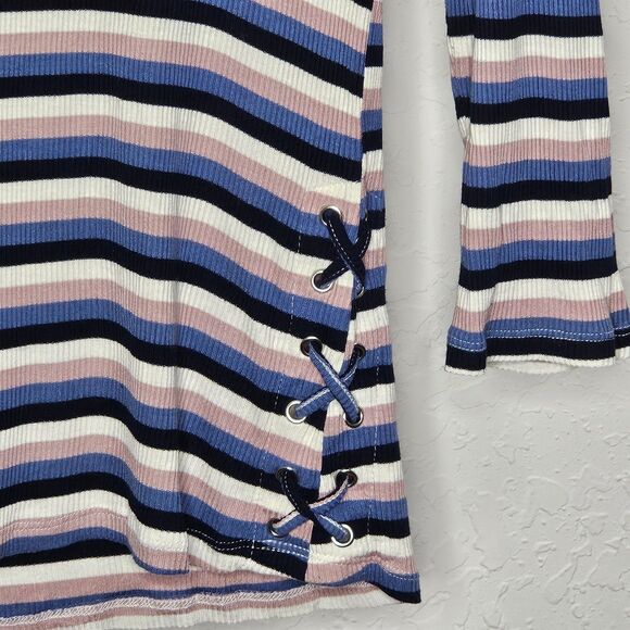 Bebe Vintage Y2K Striped Top Rhinestone Logo Lace Up 3/4 Sleeve Shirt L - Picture 3 of 6